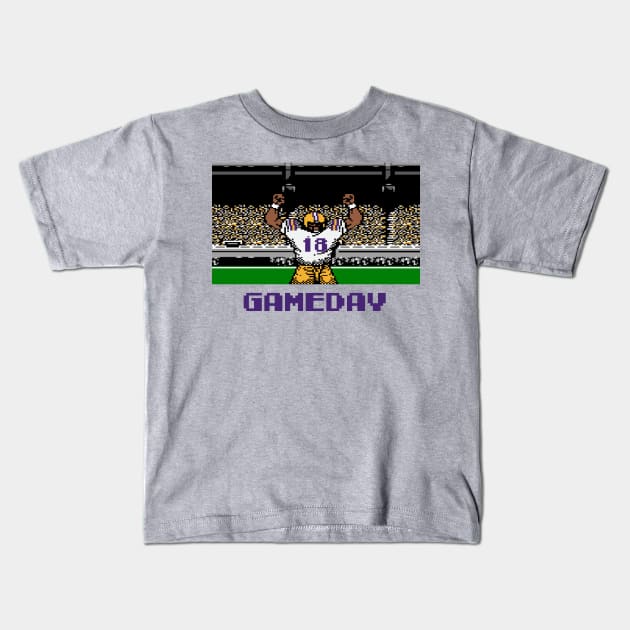 Purple and Gold Football Gameday Retro 8 Bit Linebacker Kids T-Shirt by SLAG_Creative